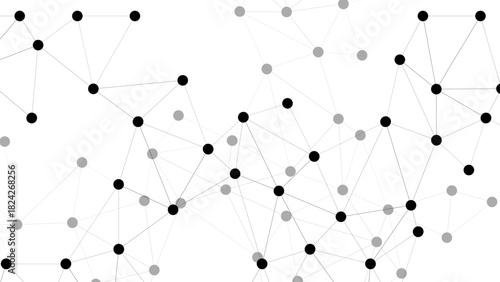 Abstract Minimalist White Background Connected Node Network with Black & Grey Dots. Geometric Tech Concept for Data Structure, Neural Mesh, Business Presentations, & Web Design.