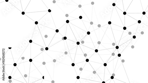 Abstract Minimalist White Background Connected Node Network with Black & Grey Dots. Geometric Tech Concept for Data Structure, Neural Mesh, Business Presentations, & Web Design.