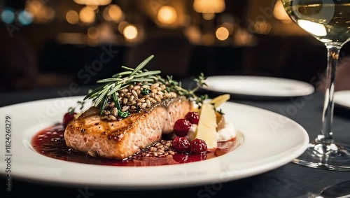 Fine dining experience: delicious salmon dish with white wine in a fancy restaurant setting