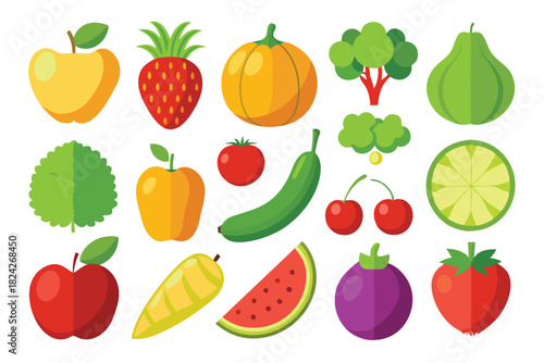 Flat fruits and vegetables featuring apple, strawberry, pumpkin, broccoli, and watermelon offer healthy variety