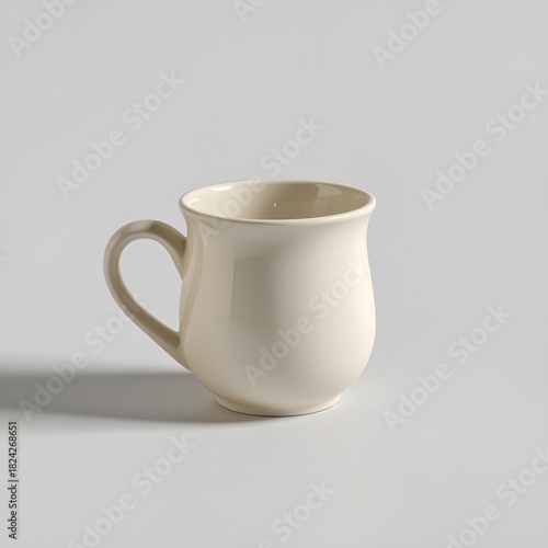Beige ceramic coffee mug with soft shadow on light background