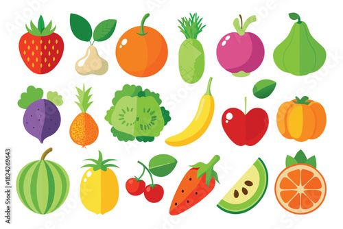 Vibrant assortment showcases fresh fruits and vegetables with simple cartoonstyle visuals on a plain white backdrop