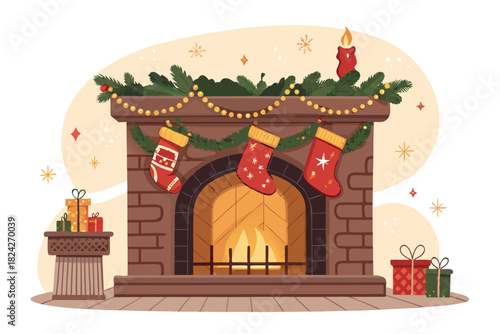Dynamic Fireplace With Christmas Stockings Decorat Professional Photo