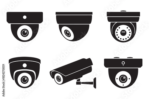  Collection of six different security surveillance camera icons in silhouette
