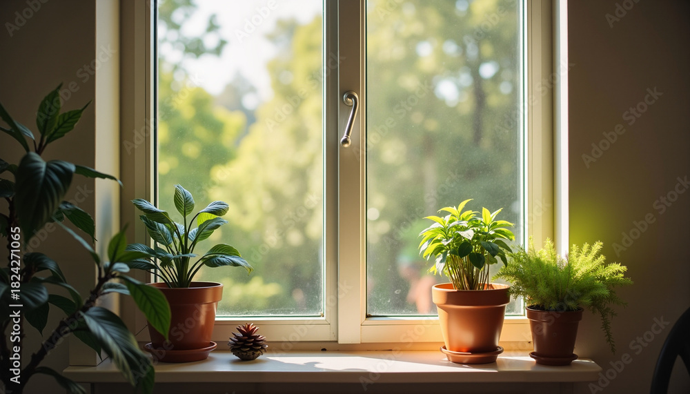 Fototapeta premium Potted plants on a bright windowsill with natural light and a serene setting