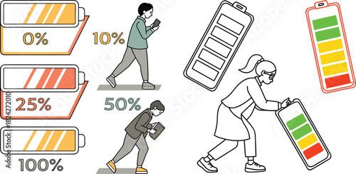 Battery level indicators. Colorful battery charge level icons. Battery power level pictograms in outline style. Vector