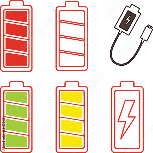 Battery level indicators. Colorful battery charge level icons. Battery power level pictograms in outline style. Vector