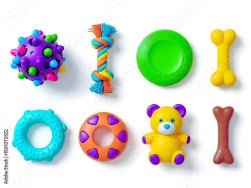 Y2k dog toy icons set – ball, rope, frisbee, bone, ring, plush, chew. 3D icon set
