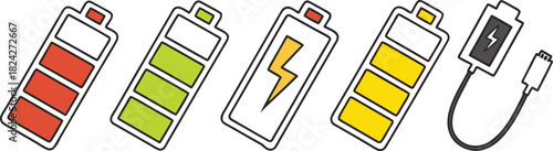 Battery level indicators. Colorful battery charge level icons. Battery power level pictograms in outline style. Vector