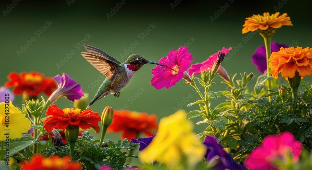 Obraz premium Hummingbird sips nectar from bright flowers, sunlit scene, blurred background