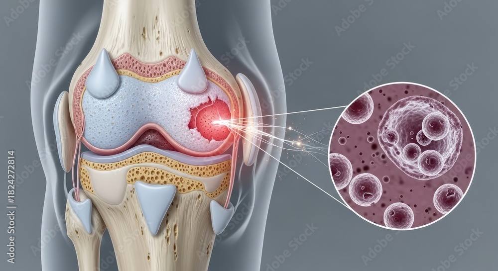 Naklejka premium Medical illustration of knee joint with bone and cartilage damage, inflammation, magnified cells