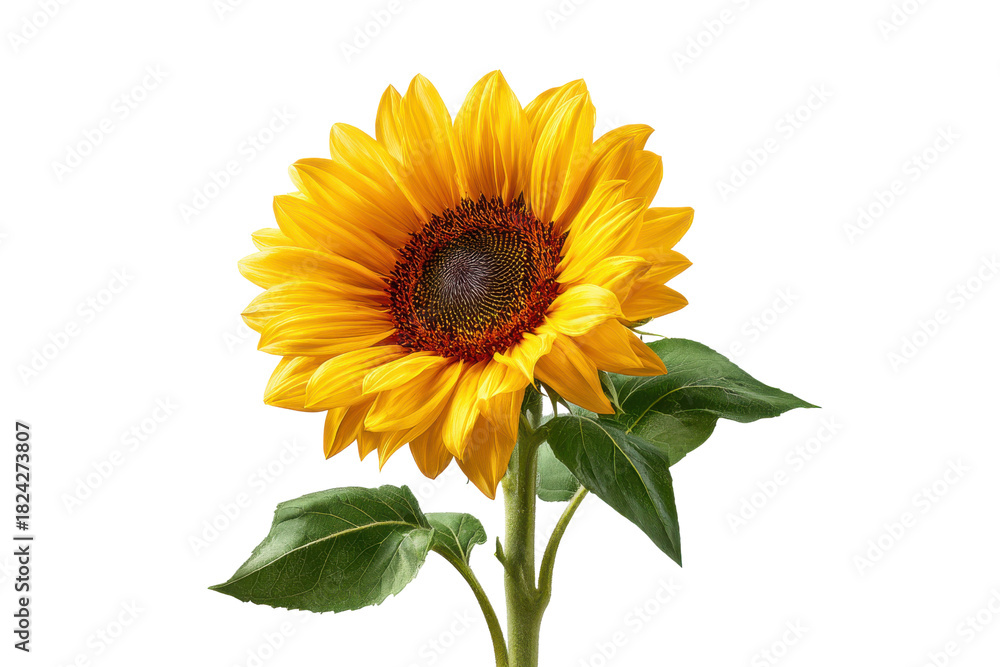 Obraz premium Single bright yellow sunflower with dark center and green leaves on black background bloom blossom, Isolated On Transparent Background, Png