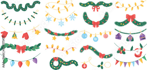 Assortment of Christmas garlands and decorations with festive elements holiday