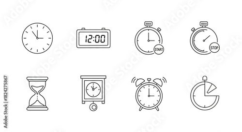 Collection of Hand-Drawn Timepieces - Analog Clock, Digital Clock, Stopwatch, Hourglass, Alarm Clock.
