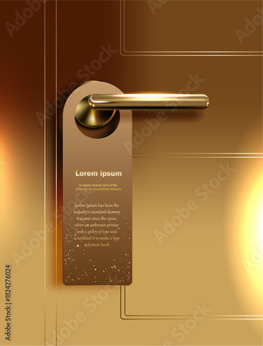 Elegant golden door with ornate handle and a hanging sign featuring placeholder text, evoking luxury hotel ambiance and privacy signage in warm metallic tones.