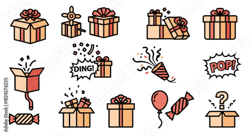 Collection of Illustrated Gift Boxes and Party Elements.