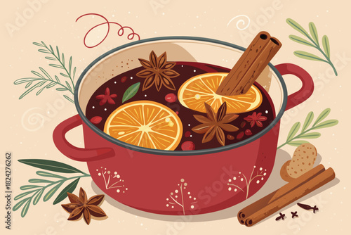 Beautiful Mulled Wine Pot With Spices Bold Cozy Col Professional Photo