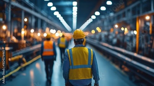 A worker in a safety vest and helmet walks through an industrial facility, illuminated by bright lights, highlighting an active manufacturing environment.