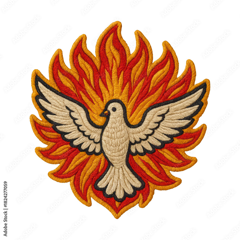 Fototapeta premium PNG Embroidered dove with fiery background