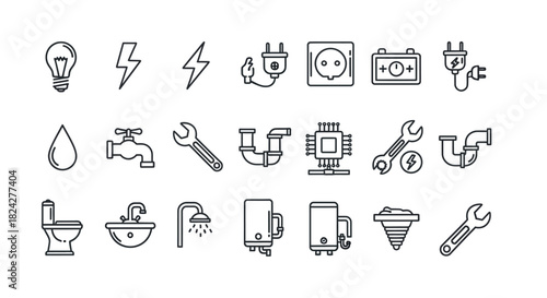 Collection of Line Art Icons Representing Electrical and Plumbing Elements.