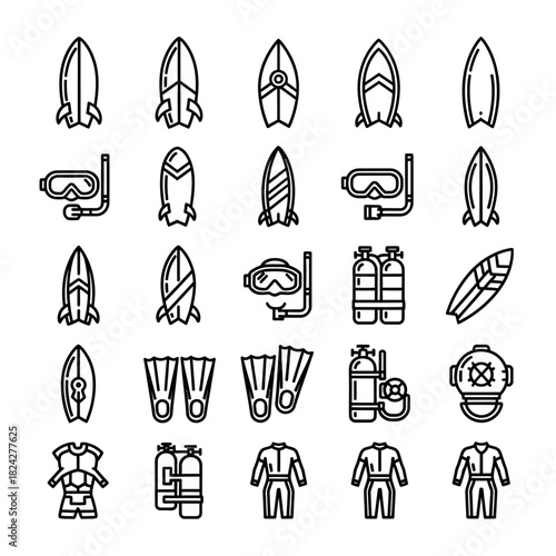 Collection of Line Art Icons Representing Water Sports and Diving Equipment.