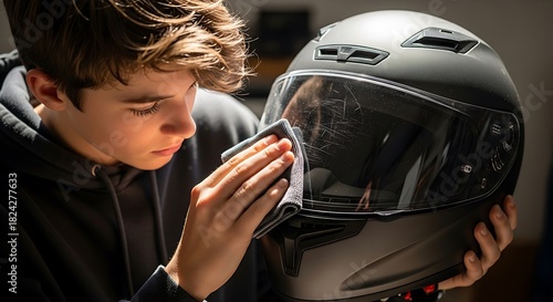 Close-up of young person cleaning a matte black motorcycle helmet visor with a cloth, ensuring clear vision for safe riding.