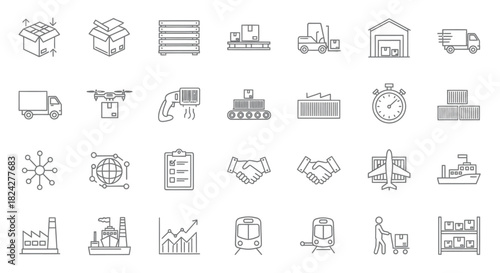 Collection of Line Art Logistics and Transportation Icons in Monochrome Style.