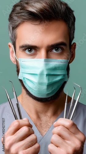 Medical professional with surgical tools and protective mask