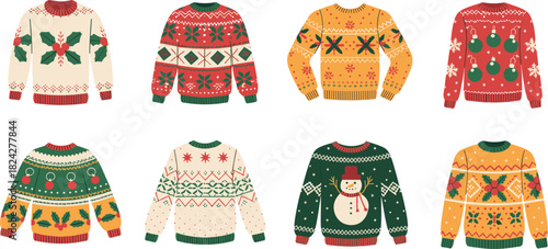 Collection of eight festive Christmas sweaters with holiday patterns ugly christmas sweater