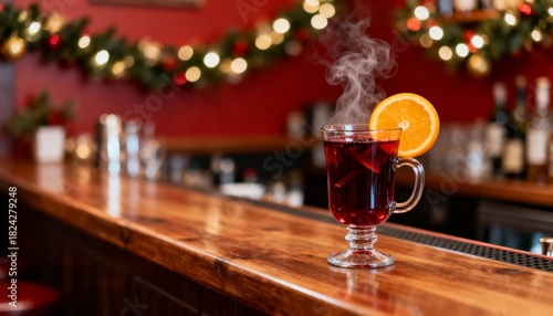 Hot mulled wine in glass mug with orange slice on wooden bar  