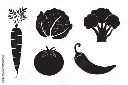  Collection of five distinct vegetable silhouettes including carrot cabbage broccoli tomato and chili pepper silhouette