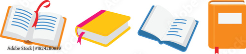 Four cartoon-style books with open and closed covers and bookmarks Keywords: books, reading