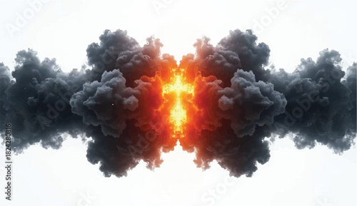 Dramatic symmetrical explosion with dark billowing smoke and bright fiery core on a white background, creating a powerful abstract blast effect ideal for energy, impact, and cinematic visuals.