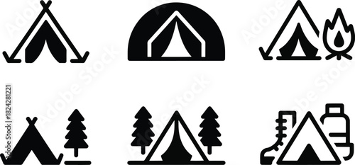Camping, Tent, and Outdoor Adventure Solid Icons Set