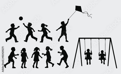 Children Playing Silhouette Collection Ball Games, Kite Flying & Swings