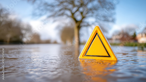 Warning sign stands in floodwaters, highlighting impact of natural disaster. scene captures aftermath of heavy rainfall, emphasizing need for caution in affected areas