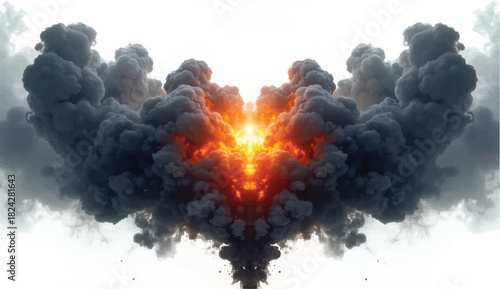 Dramatic symmetrical explosion with dark billowing smoke and bright fiery core on a white background, creating a powerful abstract blast effect ideal for energy, impact, and cinematic visuals.