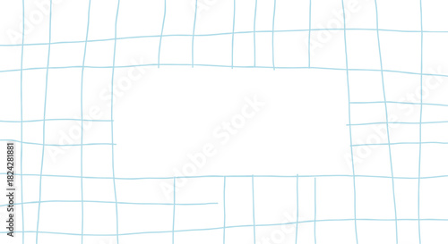 Hand drawn light blue grid pattern border frame vector background featuring uneven lines and empty copy space on white.
