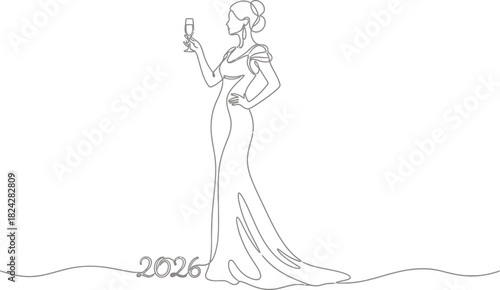 Elegant woman in gown raises glass celebrating 2026 in minimalist line art