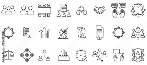 This comprehensive collection of line icons visually represents essential business management concepts, highlighting successful team collaboration, strategic planning, effective communication, and