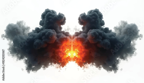 Dramatic symmetrical explosion with dark billowing smoke and bright fiery core on a white background, creating a powerful abstract blast effect ideal for energy, impact, and cinematic visuals.