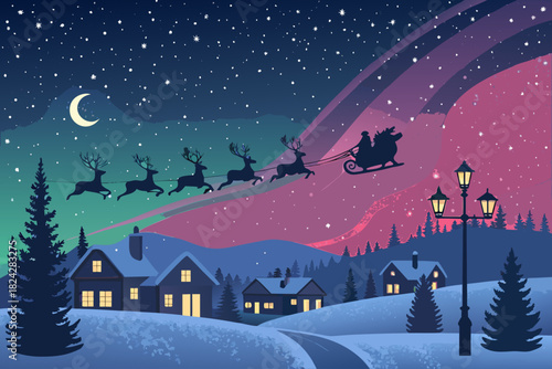 Crisp Santa Sleigh With Reindeer Silhouette Flyin Creative Visual