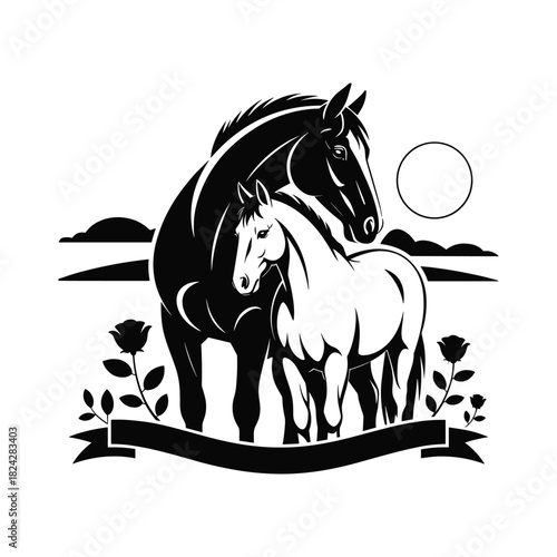 Horse and foal silhouette with floral elements and sunset countryside landscape
