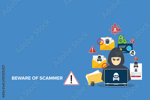 Beware of a scammer concept. Hacker, scammer in front of his computer committing digital cybercrime.	

