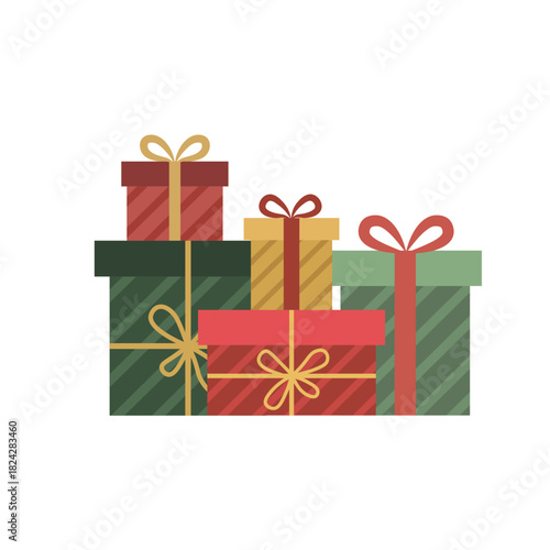 Stacked Christmas gift boxes composition. Festive holiday presents pile vector. Flat design seasonal background element.