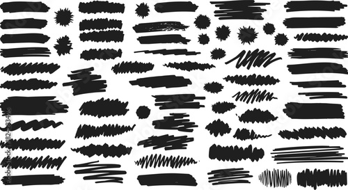 Vector collection of hand drawn black marker scribbles, ink blotches, and grunge brush strokes isolated on white background.
