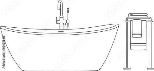 Minimalist line art of a modern bathtub and towel rack in a bathroom setting