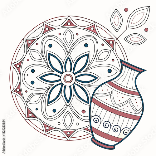 Decorative mandala and vase with floral elements
