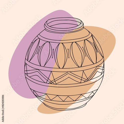 Abstract line art of a decorative ceramic pot with geometric patterns