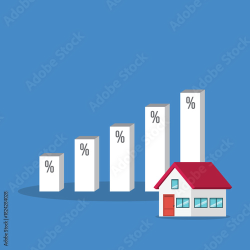 Increasing interest rates. Percentage symbols on increasing high charts bars of next to a house. 